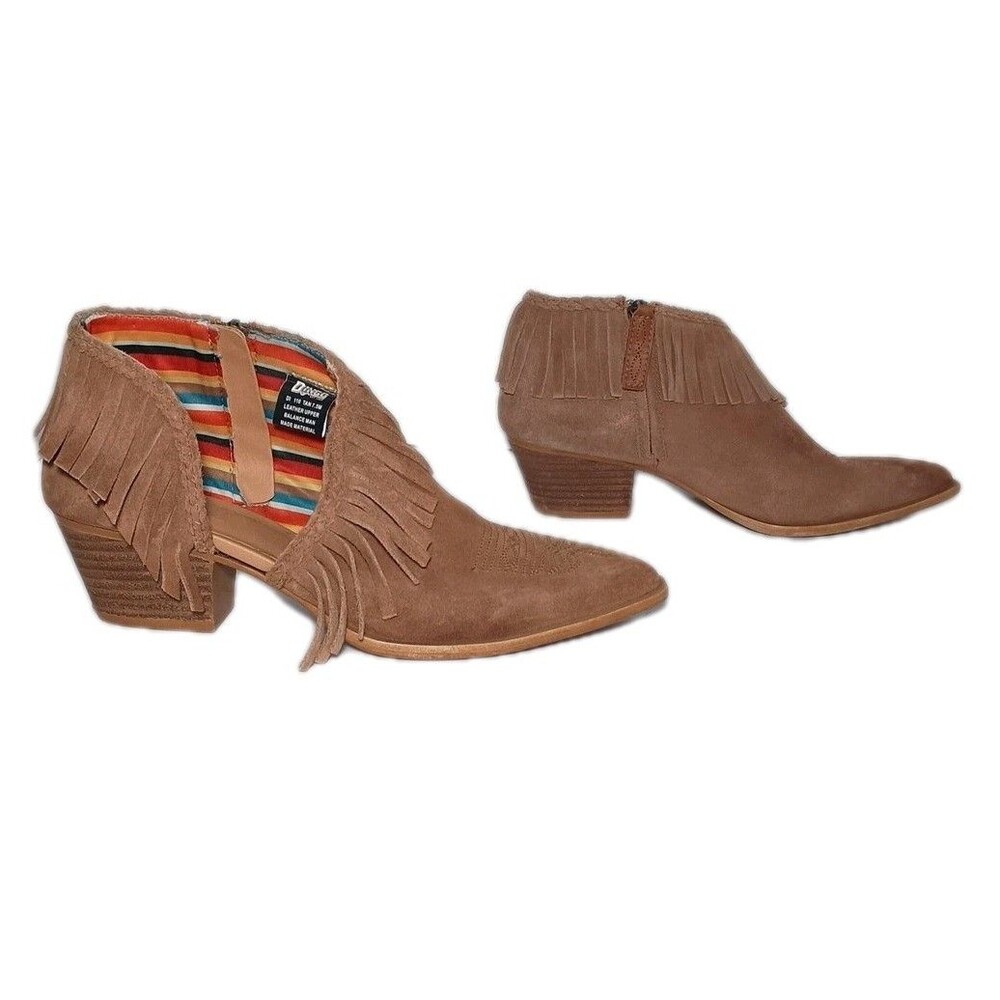 Dingo Tangles Western Bootie Women 7.5M Tan Suede Camel Beige Fringe Pull-on 7.5